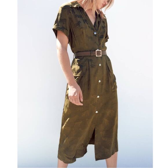 Zara Midi Dress Small Brown‎ Animal Print Metallic Safari Button-Up Shirtdress S - Picture 1 of 11